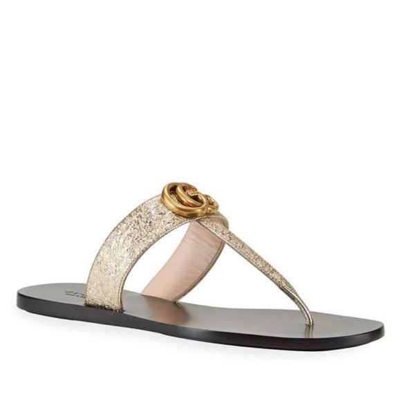 GUCCI Marmont Gold Sandal Size 38.5 US 8.5 Double GG Metallic Leather Flat Slide - Picture 4 of 15